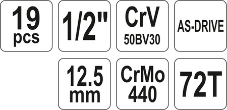 Zestaw kluczy nasadowych 19 el. 1/2" YT-38681 YATO