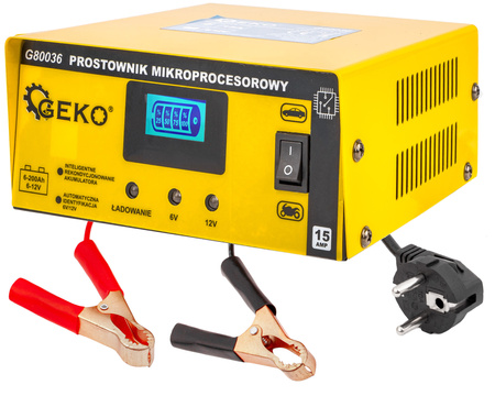 Ładowarka prostownik mikroprocesorowy do akumulatora lcd 6v 12v 15A GEKO