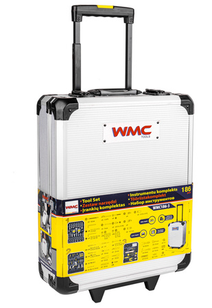 Zestaw narzędzi kluczy bitów nasadek skrzynia walizka na kółkach 186 el WMC