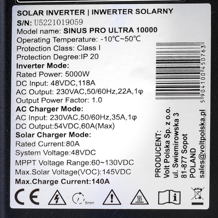 Inwerter solarny SINUSPRO ULTRA 80A MPPT (48V/230V/10000W) VOLT POLSKA