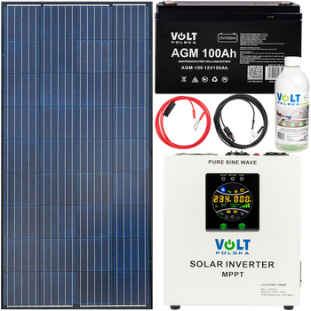 Gotowy zestaw fotowoltaiczny 140w 100Ah (panel solarny, przetwornica 1000s, akumulator, przewody) + płyn VOLT POLSKA
