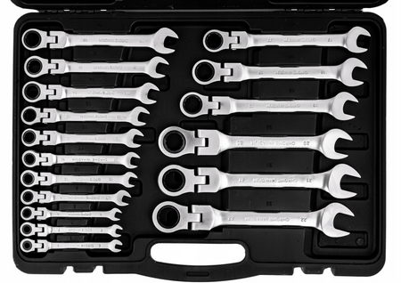 Klucze płasko oczkowe z grzechotką łamane satyna walizka 6-32 mm 22el FALON-TECH