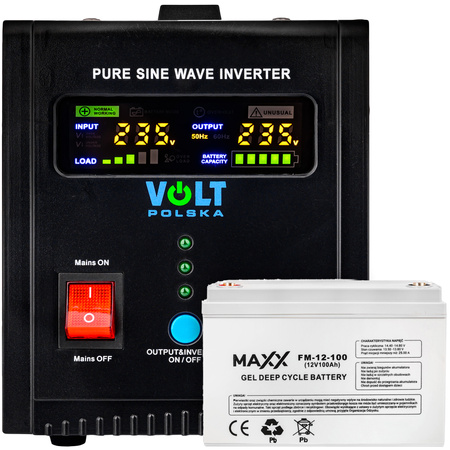 Zestaw przetwornica napięcia awaryjne zasilanie ups sinuspro-800E 12v/230/800w + akumulator żelowy 100Ah - VOLT POLSKA