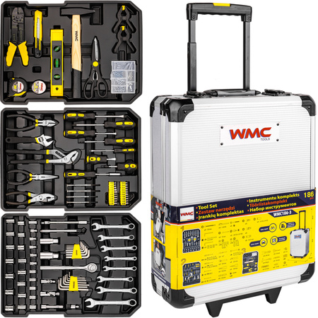 Zestaw narzędzi kluczy bitów nasadek skrzynia walizka na kółkach 186 el WMC