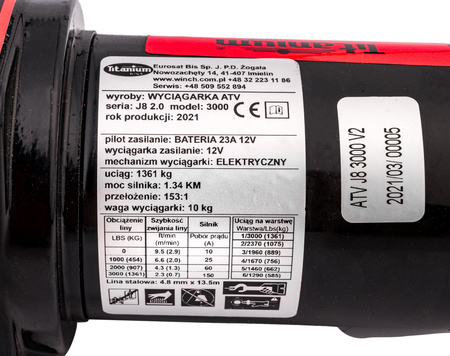 Wyciągarka elektryczna 3000 LBS ATV J8 Titanium Winch