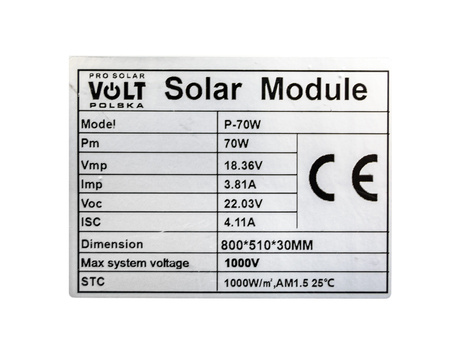 Zestaw solarny fotowoltaiczny 70W 12V (Panel solarny 70W, Regulator napięcia 10A) VOLT POLSKA