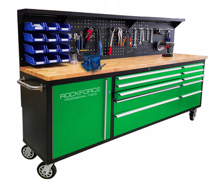 Duży Stół Wózek warsztatowy z drewnianym blatem szafką oraz szufladami WMC