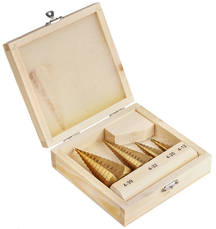 Wiertła stożkowe stopniowe HSS tytanowe 4 sztuki (4-39 mm) SILVER