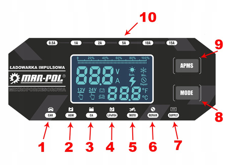 Prostownik impulsowy smart 10w1 funkcja naprawy automatyczny 12v 24v 15A MAR-POL