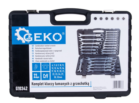 Klucze płasko oczkowe z grzechotką łamane satyna walizka 6-32 mm 22el GEKO