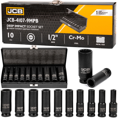 Zestaw nasadki udarowe głębokie do klucz pneumatyczne 1/2" 10-24mm 10el JCB