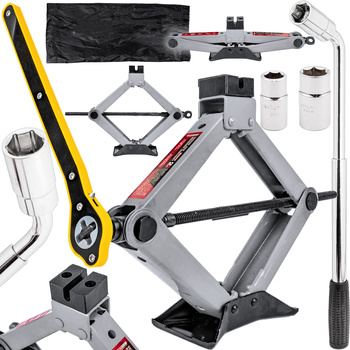 Zestaw podnośnik lewarek trapezowy klucz teleskopowy do wymiany kół + nasadki 2T FORCEKRAFT