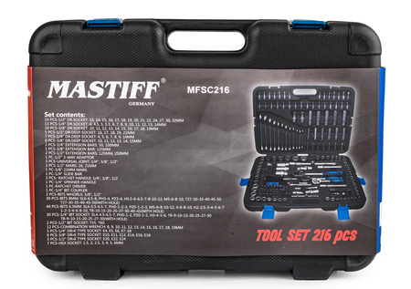 Zestaw klucze nasadowe + płasko-oczkowe + TORX 216 sztuk MASTIFF