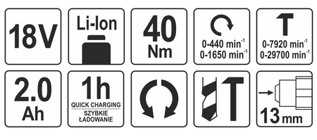 Wiertarko - wkrętarka 18v udarowa 40Nm LI-ION bateria 2ah YT-82786 YATO
