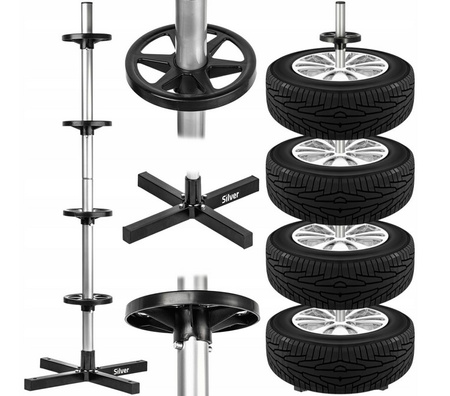 Stojak na opony koła felgi regał pionowy na 4 opony do garażu SILVER