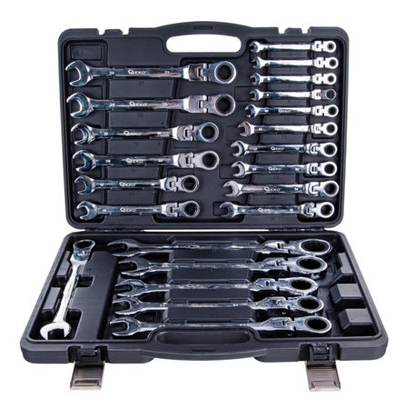 Klucze płasko oczkowe z grzechotką łamane satyna walizka 6-32 mm 22el GEKO