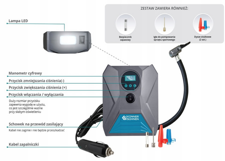 Kompresor samochodowy pompka rowerowa sprężarka do roweru auta 10 bar 12V KS Könner & Söhnen