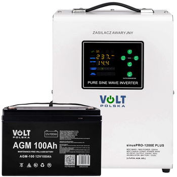 Zestaw awaryjne zasilanie przetwornica UPS sinus pro 1200E plus 12V + Akumulator 100Ah VOLT POLSKA