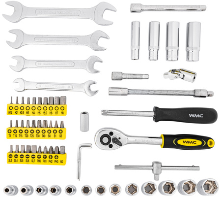 Zestaw narzędziowy klucze nasadowe wkrętaki 1/4" 62el WMC