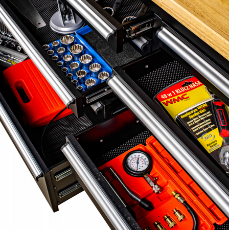 Duży Stół Wózek warsztatowy z drewnianym blatem szafką oraz szufladami WMC