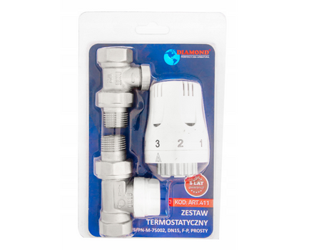 Zestaw termostatyczny prosty 1/2 głowica + zawory Diamond