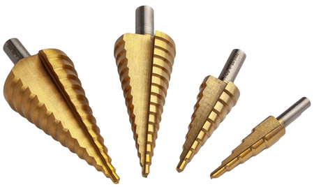 Wiertła stożkowe stopniowe HSS tytanowe 4 sztuki (4-39 mm) FALON-TECH