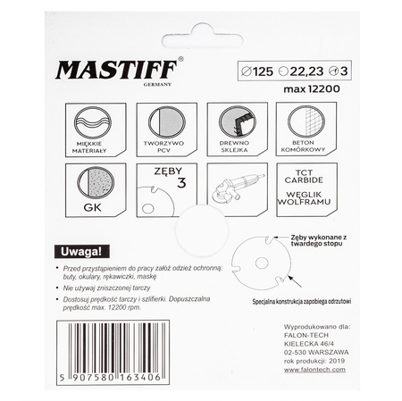 Tarcza do cięcia szlifowania drewna sklejki PCV betonu 125x22.22x4mm FALON-TECH