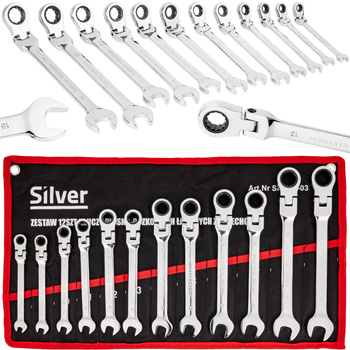 Klucze Płasko Oczkowe z Grzechotką Łamaną 8-19mm 12el. +Płachta SILVER