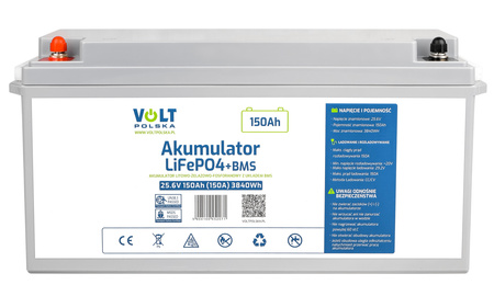 Akumulator LiFePo4 BMS 150Ah 25,6V 150A bezobsługowy do łodzi kampera VOLT POLSKA