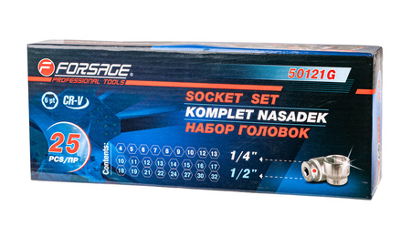 Zestaw nasadek udarowych sześciokątne 1/2" 1/4" Cr-V 4-32mm 25el FORSAGE