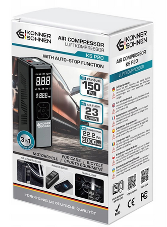 Kompresor akumulatorowy pompka rowerowa do roweru samochodu auta + powerbank KS Könner & Söhnen
