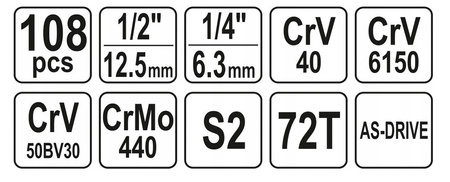 Zestaw kluczy nasadowych klucze nasadowe bity torx 108 sztuk YT-38791 YATO