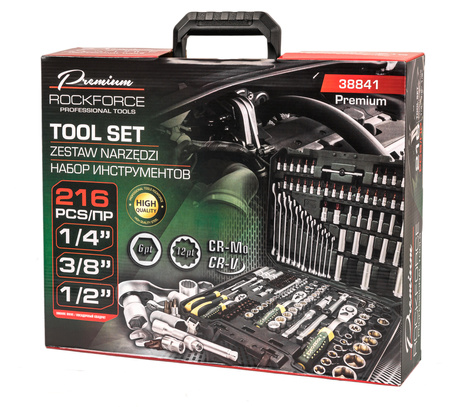 Zestaw narzędziowy warsztatowy klucze nasadowe nasadki płaskie torx 216 el ROCKFORCE