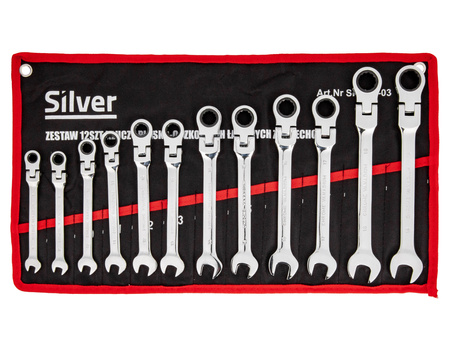 Klucze Płasko Oczkowe z Grzechotką Łamaną 8-19mm 12el. +Płachta SILVER