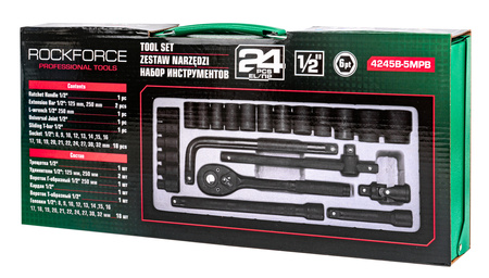 Klucze nasadowe nasadki grzechotka zestaw 1/2" 24el 8-32 mm walizka metalowa ROCKFORCE