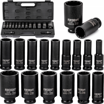 Zestaw nasadki udarowe głębokie do kluczy pneumatycznych 10-36 mm 1/2" 12 K 15el FORCEKRAFT