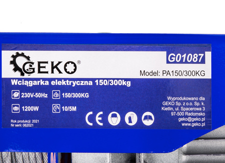 Wciągarka elektryczna warsztatowa budowlana 300kg 600W GEKO