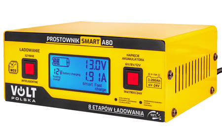 Prostownik ładowarka do akumulatora LCD 6/8/12/14/16/24V 15A SMART A80 VOLT POLSKA