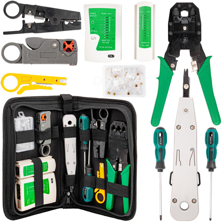 Zestaw narzędzia sieciowe RJ45 tester kabli ściągacz wtyk zaciskarka 19el GEKO
