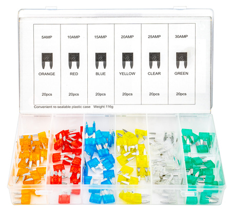 Bezpieczniki samochodowe płytkowe małe szczypce zestaw mini 5-30A 120szt FORSAGE