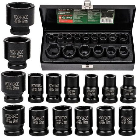 Nasadki udarowe klucze nasadowe krótkie 1/2" 10-32 mm zestaw walizka 15el FORCEKRAFT