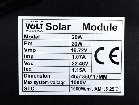 Zestaw solarny fotowoltaiczny 20W 12V BLACK (Panel solarny 20W, Regulator napięcia 10A) VOLT POLSKA