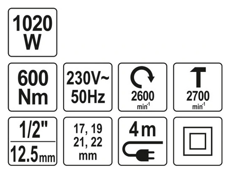 Elektryczny klucz udarowy 600Nm 1020w 1/2" + nasadki 17-22 mm YT-82021 YATO