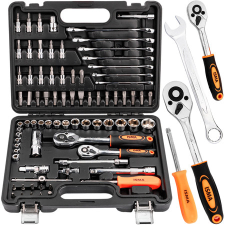 Zestaw narzędziowy klucze płaskooczkowe nasadowe wkrętaki bity 1/4" 3/8" 82el ISMA