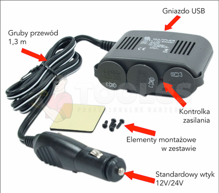Trójnik rozgałęziacz gniazda zapalniczki 12V-24V + USB