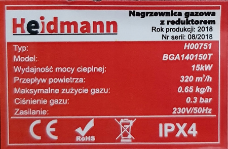 Nagrzewnica dmuchawa gazowa piecyk 15kW wąż + reduktor HEIDMANN