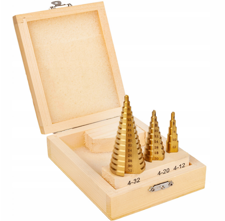 Wiertła stożkowe stopniowe tytanowe 3 sztuki (4-32 mm) SILVER