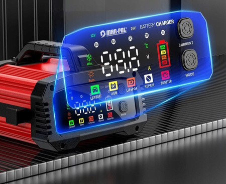 Prostownik ładowarka do akumulatorów z rozruchem agm booster 12V 24V 25A MAR-POL