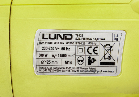 Szlifierka kątowa 125mm 500W LUND 79125 +5 tarcz TOYA