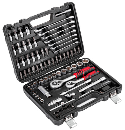 Zestaw narzędziowy klucze płaskooczkowe nasadowe wkrętaki bity 1/4" 3/8" 82el FORCEKRAFT